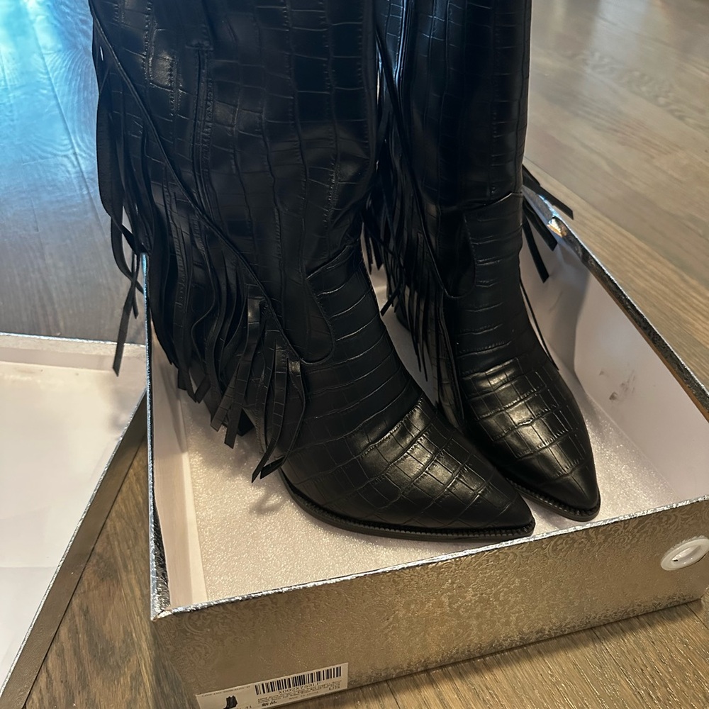Black Croc-Embossed Fringe Boots